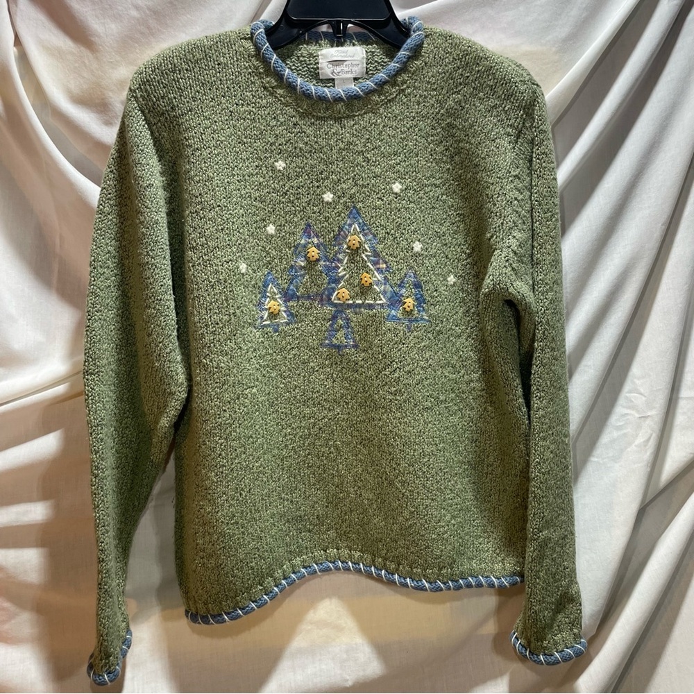 Christopher & Banks Green Sweater with Christmas Tree Embroidery
